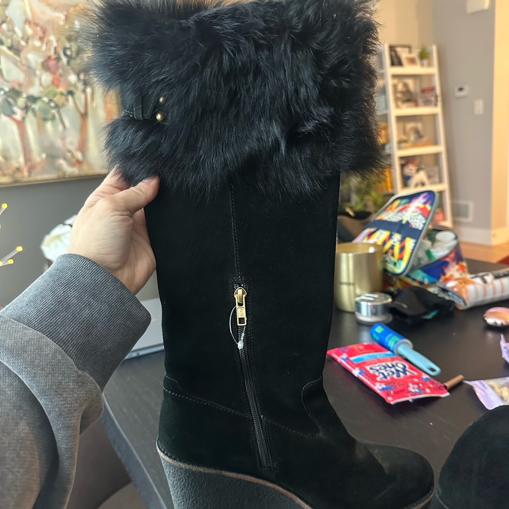 UGG Black Suede Wedge Boots with Fur Trim - Picture 2 of 4